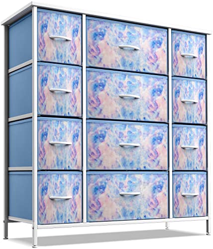 Sorbus Kids Dresser with 12 Drawers - Chest Organizer Unit with Steel Frame Wood Top & Handle, Fabric Bins for Clothes - Large Furniture for Bedroom Hallway Kids Room Nursery & Closet (Blue - Tie-dye)