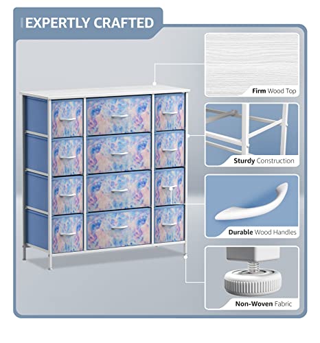 Sorbus Kids Dresser with 12 Drawers - Chest Organizer Unit with Steel Frame Wood Top & Handle, Fabric Bins for Clothes - Large Furniture for Bedroom Hallway Kids Room Nursery & Closet (Blue - Tie-dye)