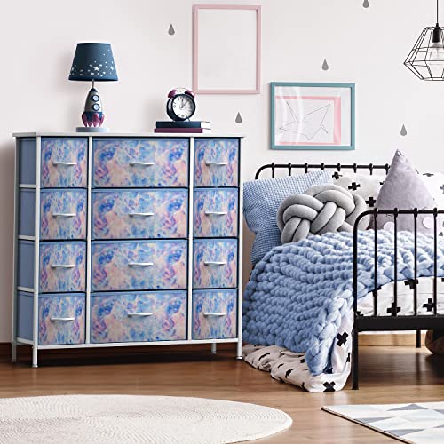 Sorbus Kids Dresser with 12 Drawers - Chest Organizer Unit with Steel Frame Wood Top & Handle, Fabric Bins for Clothes - Large Furniture for Bedroom Hallway Kids Room Nursery & Closet (Blue - Tie-dye)