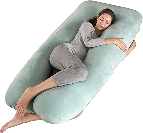 Amagoing 57 inches Pregnancy Pillows for Sleeping, U Shaped Maternity Full Body Pillow for Pregnant Women with Hip, Leg, Back, Belly Support, Washable Velvet Cover Included (Mint Green)