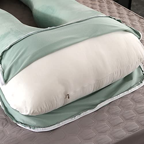 Amagoing 57 inches Pregnancy Pillows for Sleeping, U Shaped Maternity Full Body Pillow for Pregnant Women with Hip, Leg, Back, Belly Support, Washable Velvet Cover Included (Mint Green)