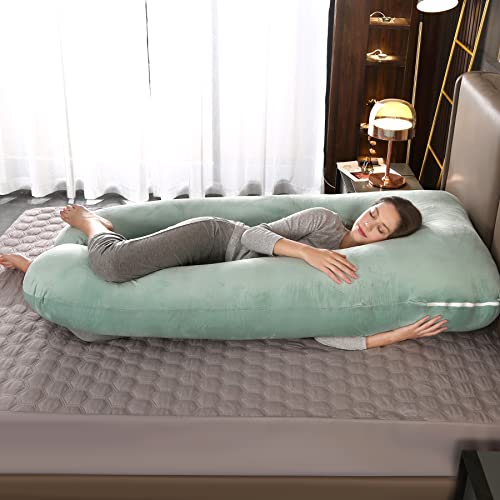 Amagoing 57 inches Pregnancy Pillows for Sleeping, U Shaped Maternity Full Body Pillow for Pregnant Women with Hip, Leg, Back, Belly Support, Washable Velvet Cover Included (Mint Green)