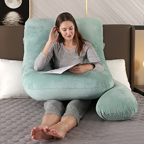 Amagoing 57 inches Pregnancy Pillows for Sleeping, U Shaped Maternity Full Body Pillow for Pregnant Women with Hip, Leg, Back, Belly Support, Washable Velvet Cover Included (Mint Green)