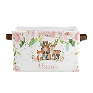 deven chic woodland animals pink floral personalized large storage baskets for organizing shelves with handle,closet decorative storage bins for toy, bathroom,nursery,home 1 pack