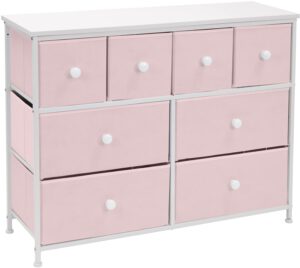 sorbus fabric dresser for kids bedroom - chest of 8 drawers, storage tower, clothing organizer, for closet, for playroom, for nursery, steel frame, fabric bins - knob handle (pastel pink)