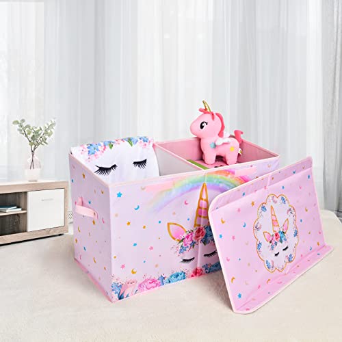 WERNNSAI Unicorn Toy Box - Collapsible Oxford Storage Bin with Handles 25" x 13" x 16" Toys Clothes Books Chest Organizer Cube with Flip-top Lid for Girls Kids Bedroom Nursery Living Room