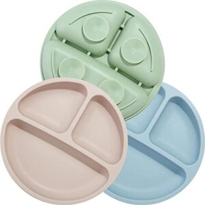 pandaear divided unbreakable silicone baby and toddler plates - 3 pack - non-slip - dishwasher and microwave safe - silicone (blue green brown)