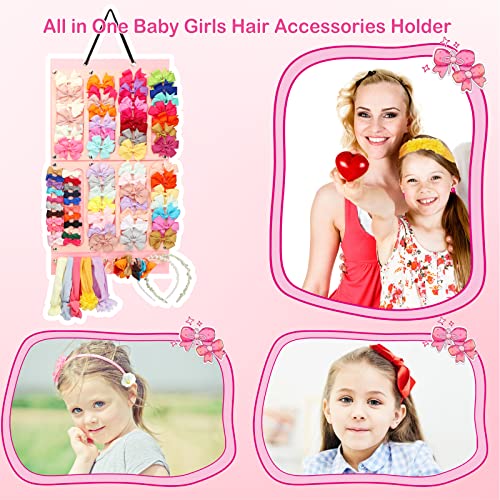 Hair Bows Holder w/Large Capacity, Hair Clips Storage Hanger w/ 16 Ribbons, Hair Bows Organizer, Baby Hair Accessory Storage Display w/Sturdy Rope, Wall Hanging for Girl Room, Baby Nursery Decors