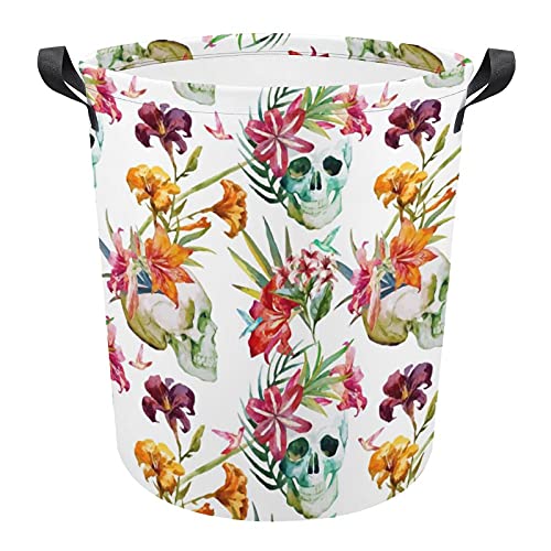 Skull with Flowers Oxford Cloth Laundry Basket with Handles Storage Basket for Toy Organizer Kids Room Nursery Hamper Bathroom