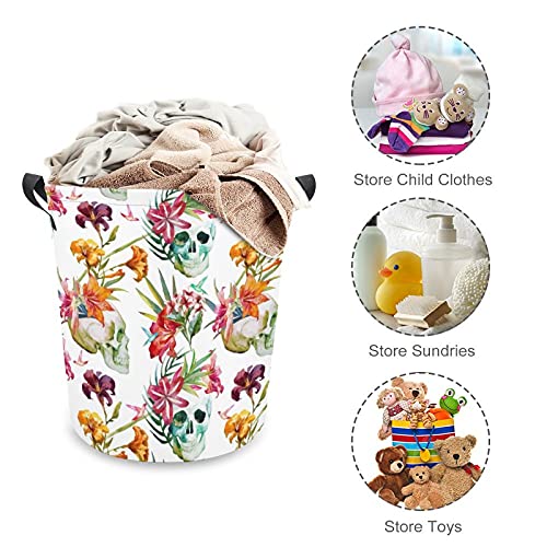 Skull with Flowers Oxford Cloth Laundry Basket with Handles Storage Basket for Toy Organizer Kids Room Nursery Hamper Bathroom