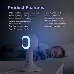 Hubble Connected Nursery Pal Cloud Smart Connected, Wi-Fi Enabled Baby Monitor with 5-Inch HD Color Parent Unit Viewer, Soothing Sounds and White Noise, 7-Color Night Light, Wall Mount, White