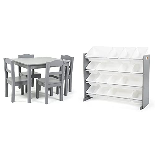 Humble Crew Kids Wood Table and 4 Chair Set, Grey & Supersized Wood Toy Storage Organizer, Extra Large, Grey/White