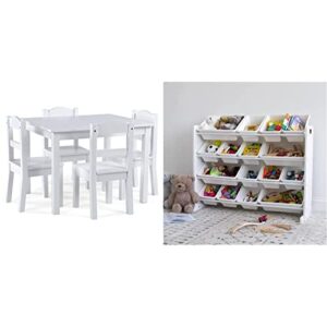 humble crew, white kids wood table and 4 chairs set & extra-large toy organizer, 16 storage bins, white/white