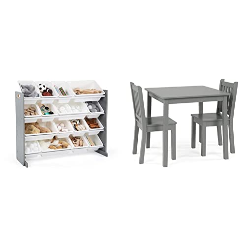 Humble Crew Supersized Wood Toy Storage Organizer, Extra Large, Grey/White & Grey Kids Wood Table and 2 Chairs Set, Square