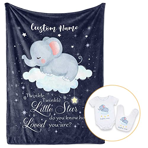 Pavo Personalized Baby Name Blankets for Boys Girls - Twinkle Twinkle Little Star Elephant Blanket - Custom Baby Blanket - Best Shower Gifts for Baby, Newborn Super Soft Fleece Blanket