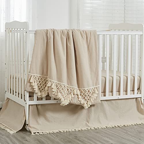 Brandream Gender Neutral Boho Bohemian Baby Girl Boy Nursery Crib Bedding Set 3 Pieces Solid Beige Farmhouse Chic Unisex Minimalist Tassel Fringe Macrame Cozy 100% Washed Cotton