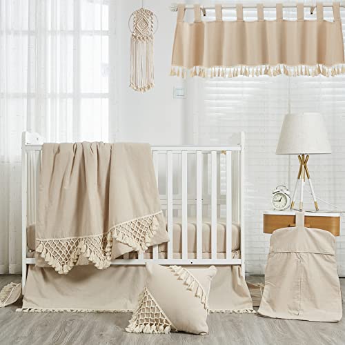 Brandream Gender Neutral Boho Bohemian Baby Girl Boy Nursery Crib Bedding Set 3 Pieces Solid Beige Farmhouse Chic Unisex Minimalist Tassel Fringe Macrame Cozy 100% Washed Cotton