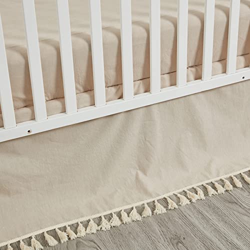 Brandream Gender Neutral Boho Bohemian Baby Girl Boy Nursery Crib Bedding Set 3 Pieces Solid Beige Farmhouse Chic Unisex Minimalist Tassel Fringe Macrame Cozy 100% Washed Cotton