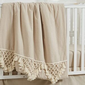 Brandream Gender Neutral Boho Bohemian Baby Girl Boy Nursery Crib Bedding Set 3 Pieces Solid Beige Farmhouse Chic Unisex Minimalist Tassel Fringe Macrame Cozy 100% Washed Cotton