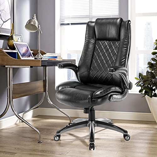 High Back Executive Office Chair 300lbs-Ergonomic Leather Computer Desk Chair with Flip-up Armrest, Thick Bonded Leather Office Chair for Comfort and Lumbar Support, Adjustable Rock Back Tension-Black