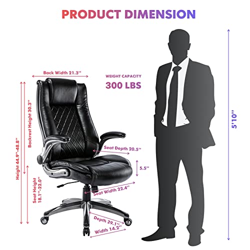 High Back Executive Office Chair 300lbs-Ergonomic Leather Computer Desk Chair with Flip-up Armrest, Thick Bonded Leather Office Chair for Comfort and Lumbar Support, Adjustable Rock Back Tension-Black