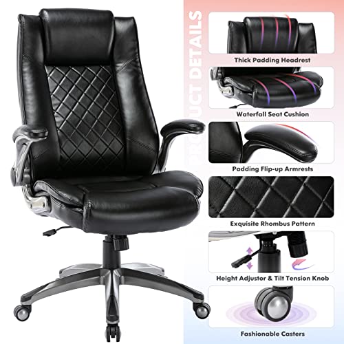 High Back Executive Office Chair 300lbs-Ergonomic Leather Computer Desk Chair with Flip-up Armrest, Thick Bonded Leather Office Chair for Comfort and Lumbar Support, Adjustable Rock Back Tension-Black