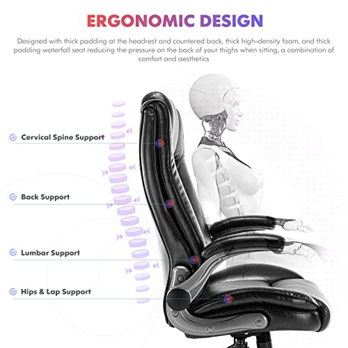 High Back Executive Office Chair 300lbs-Ergonomic Leather Computer Desk Chair with Flip-up Armrest, Thick Bonded Leather Office Chair for Comfort and Lumbar Support, Adjustable Rock Back Tension-Black