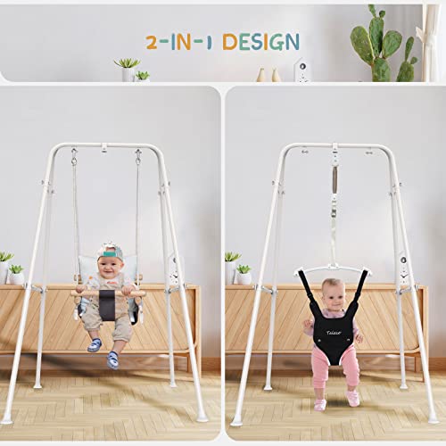 RAGOZONERY 2 in 1 Baby Jumper with Toddler Swing, Baby Jumpers and Bouncers,Indoor Outdoor Toddler Swing Set, Cotton, White