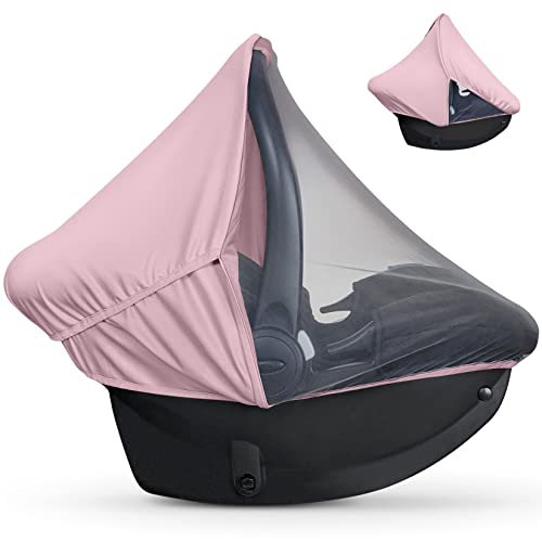 liuliuby 2-in-1 Car Seat Cover - Baby Carseat Canopy with Privacy Sun Shade & Bug Net for Newborn & Infant - Protects Babies from UV Rays, Mosquito & Insect - Carrier Covers for Boys & Girls (Pink)