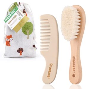 haakaa baby hair brush and comb set for newborns & toddlers - natural soft goat bristles and wooden handle, gently grooms baby's hair, ideal for cradle cap, perfect baby gift, 2pk