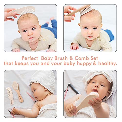 haakaa Baby Hair Brush and Comb Set for Newborns & Toddlers - Natural Soft Goat Bristles and Wooden Handle, Gently Grooms Baby's Hair, Ideal for Cradle Cap, Perfect Baby Gift, 2pk