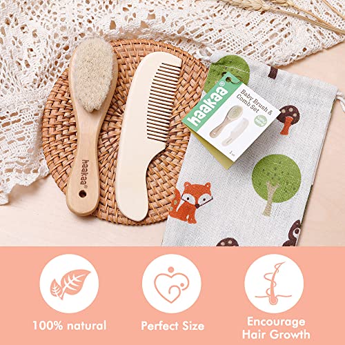 haakaa Baby Hair Brush and Comb Set for Newborns & Toddlers - Natural Soft Goat Bristles and Wooden Handle, Gently Grooms Baby's Hair, Ideal for Cradle Cap, Perfect Baby Gift, 2pk