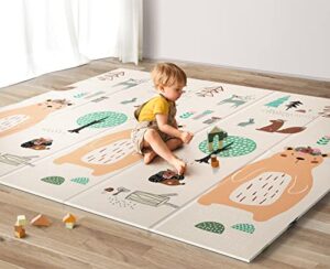 uanlauo foldable baby play mat, extra large waterproof activity playmats for babies,toddlers, infants, play & tummy time, foam baby mat for floor with travel bag (bear(79x71x0.4inch))