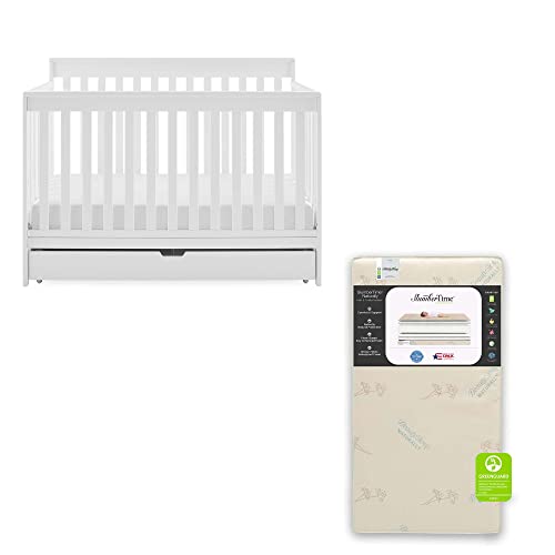 Delta Children Mercer 6-in-1 Convertible Crib with Storage Trundle + Simmons Kids SlumberTime Naturally 2-Stage Premium Foam Crib & Toddler Mattress - GREENGUARD Certified [Bundle], Bianca White