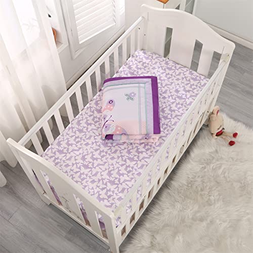 Wowelife Baby Girl Nursery Bedding Set Butterfly, Premium Purple Crib Bedding Set, Baby Girl Crib Bed Set Breathable and Soft for Girl