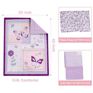 Wowelife Baby Girl Nursery Bedding Set Butterfly, Premium Purple Crib Bedding Set, Baby Girl Crib Bed Set Breathable and Soft for Girl