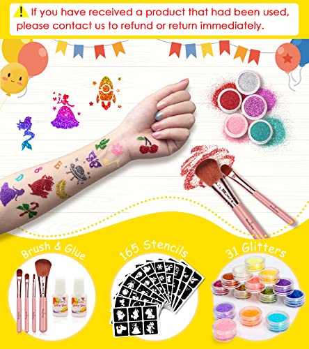 Temporary Glitter Tattoo Kids, Eleanore's Diary 31 Glitter Colors,165 Unique Stencils,2 Glue,4 Brushes,Adults & Kids Arts Glitter Make Up Kit, Gifts for Girls Boys Birthday Party Summer Beach Festival