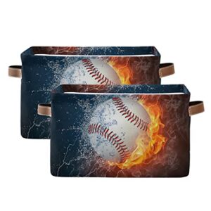 FZDXZJJ Baseball Ball Fire Water Storage Basket Bins, Sport Theme Decorative Baskets Storage Box Collapsible Storage Cubes Organizer with Handles for Nursery Shelf Closet Office Home Bedroom, 2 Pack