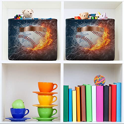 FZDXZJJ Baseball Ball Fire Water Storage Basket Bins, Sport Theme Decorative Baskets Storage Box Collapsible Storage Cubes Organizer with Handles for Nursery Shelf Closet Office Home Bedroom, 2 Pack