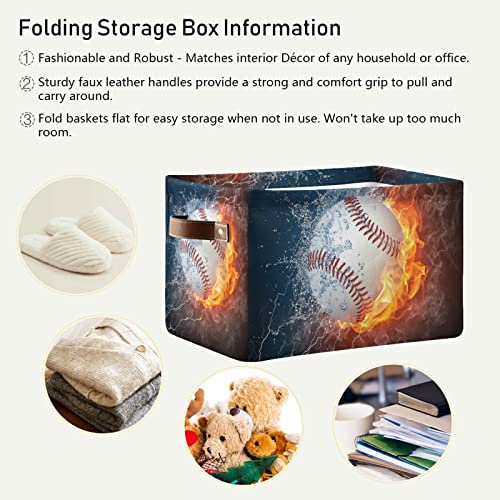 FZDXZJJ Baseball Ball Fire Water Storage Basket Bins, Sport Theme Decorative Baskets Storage Box Collapsible Storage Cubes Organizer with Handles for Nursery Shelf Closet Office Home Bedroom, 2 Pack