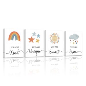 phopago girls room decor colorful framed wall art - inspirational wall decor for baby nursery playroom bedroom rainbow decor set of 4, 8x10 inch (wooden framed), pink boho