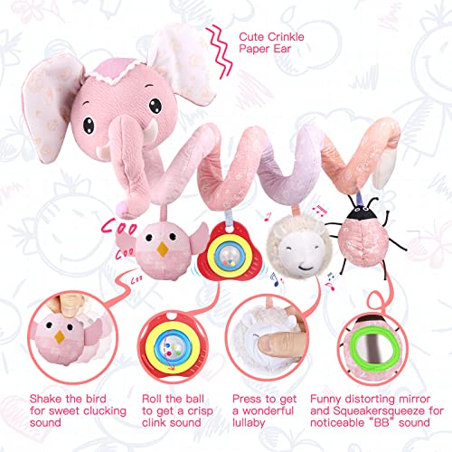 JERICETOY Baby Car Seat Toys Stroller Toys Crib Toys Infant Activity Spiral Plush Toys Hanging Stroller Toys for Baby Car Seat Stroller Bar Crib Bassinet Mobile with Music Squeaker Rattles (Elephant)