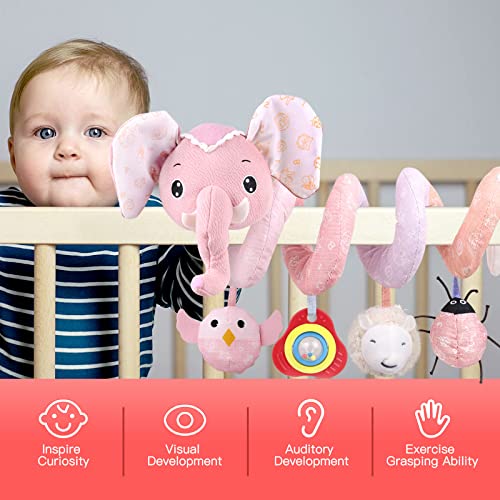 JERICETOY Baby Car Seat Toys Stroller Toys Crib Toys Infant Activity Spiral Plush Toys Hanging Stroller Toys for Baby Car Seat Stroller Bar Crib Bassinet Mobile with Music Squeaker Rattles (Elephant)