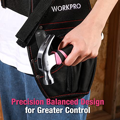 WORKPRO 8 oz Claw Hammer with Fiberglass Handle, All Purpose Hammer with Forged Hardened Steel Head, Smooth Face & Shock Reduction Grip, Pink