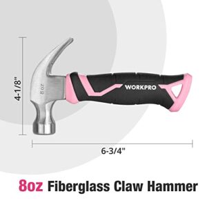 WORKPRO 8 oz Claw Hammer with Fiberglass Handle, All Purpose Hammer with Forged Hardened Steel Head, Smooth Face & Shock Reduction Grip, Pink