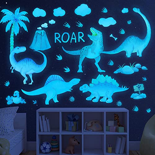 Dinosaur Wall Decals Glow in The Dark Dinosaur Wall Stickers Watercolor Dinosaur Decal Large Removable Vinyl Dino Wall Decals for Boys Bedroom Kids Girls Baby Nursery Playroom Living Room Wall Decor