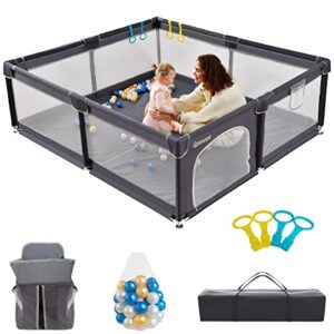 baby playpen, playpen for babies and toddlers, baby gate playpen 79”x71”, extra large playpen foldable, play yard for baby, baby girl playpen portable, baby fence play area with 50 ocean balls (grey)