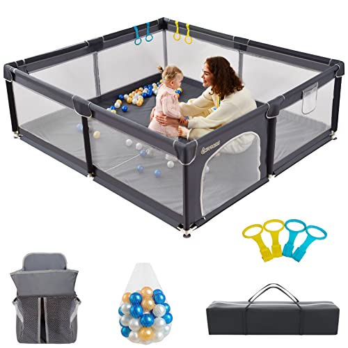 Baby Playpen, Playpen for Babies and Toddlers, Baby Gate Playpen 79”x71”, Extra Large Playpen Foldable, Play Yard for Baby, Baby Girl Playpen Portable, Baby Fence Play Area with 50 Ocean Balls (Grey)