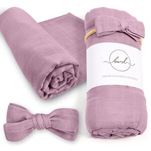 baby want designs baby swaddle blanket & bow; premium bamboo cotton newborn swaddle set; ultra-soft & eco-friendly, large 47 in, machine washable, swaddles for newborns- mauve