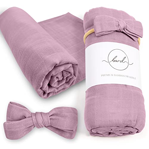 Baby Want Designs Baby Swaddle Blanket & Bow; Premium Bamboo Cotton Newborn Swaddle Set; Ultra-Soft & Eco-Friendly, Large 47 in, Machine Washable, Swaddles for Newborns- Mauve